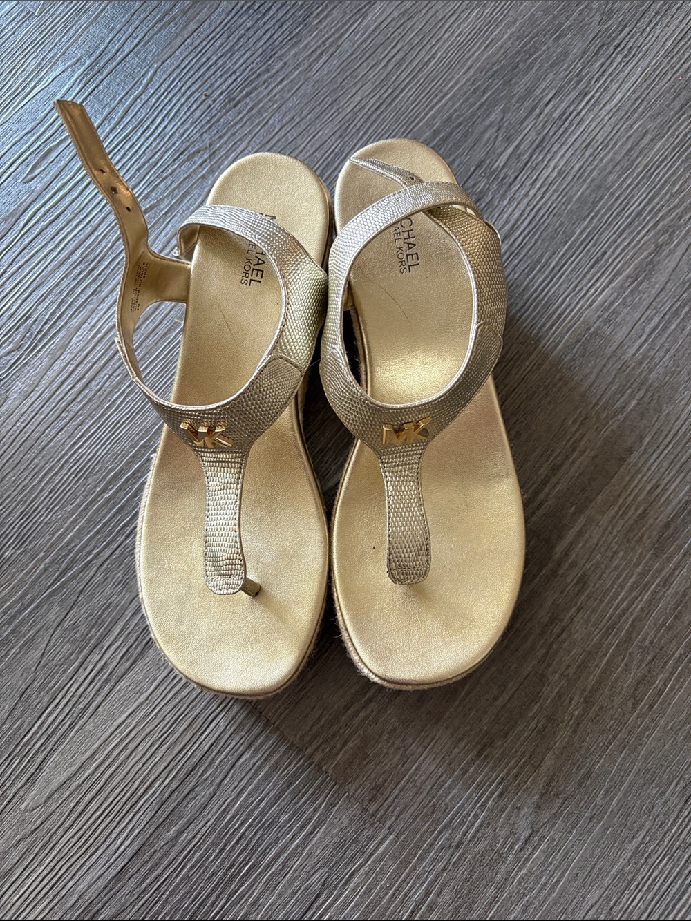 Michael Kors Metallic Gold T-Strap Wedge Sandals